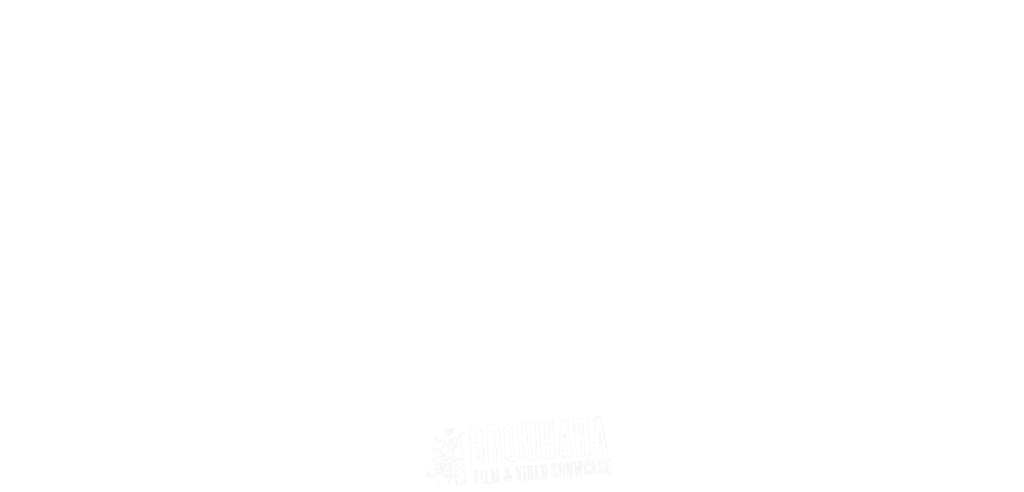 Logos including Film Independent Spirit Awards, Festival de Cannes, Sundance Film Festival, Florida Film Festival, Berlin Film Festival, The Chicago International Film Festival, Toronto International Film Festival, Atlanta Horror Film Festival, Brouhaha Film and Video Showcase