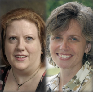 Two women are pictured side by side, both smiling at the camera. The woman on the left has red hair, and the woman on the right has short brown hair.