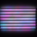 Rectangular installation with horizontal slats emitting soft, multicolored light against a dark background.