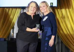 Credit: Office of Research Sellnow receiving her award from Elizabeth Knonoff, Ph.D., Vice President for Research and Dean of the College of Graduate Studies.