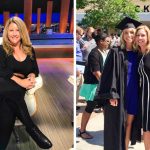 Left: Person sitting on a chair in a studio setting. Right: Two people posing together at a graduation ceremony, one wearing a cap and gown.