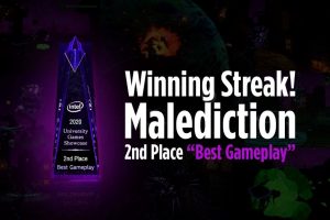 Trophy with text: "Winning Streak! Malediction - 2nd Place 'Best Gameplay' in 2020 Intel University Games Showcase.