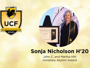 Woman poses with a certificate and wearing a sash next to a UCF award graphic. Text reads "Sonja Nicholson H'20 John C. and Martha Hitt Honorary Alumni Award.