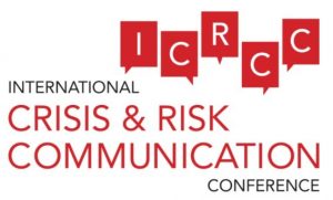 Logo for the International Crisis & Risk Communication Conference with red speech bubble graphics containing the letters ICRCC.