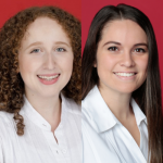 Two women smiling against a red background. Both are wearing white tops.