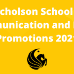 Yellow background with white text reading "Nicholson School of Communication and Media Promotions 2021" and a black logo beneath.