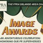 Promotional graphic for the FPRA Orlando Area Chapter's Image Awards, themed as an adventurous celebration honoring PR superheroes.