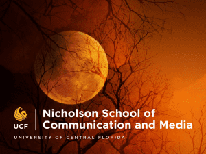 Full moon with tree branches silhouetted in foreground. Text: "Nicholson School of Communication and Media, University of Central Florida" with UCF logo.