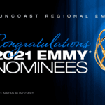 Text on a graphic reading "Congratulations 2021 Emmy Nominees" with a gold Emmy statuette on the right. The image also includes "Suncoast Regional Emmy" and ©2021 NATAS Suncoast.