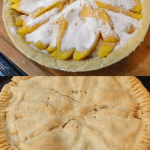 Top image shows an unbaked pie filled with sliced peaches and sugar. Bottom image shows the same pie baked with a golden-brown crust.