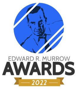 Logo of the Edward R. Murrow Awards 2022, featuring a stylized blue image of a man's face and text beneath.