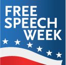 Logo of Free Speech Week with white text on a blue background, featuring a red and white wavy design and several white stars.