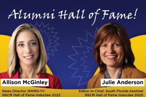 Two women smiling; text above them reads "Alumni Hall of Fame!" with their names and titles displayed below: Allison McGinley and Julie Anderson.