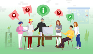 A group of six people in an office setting, discussing and using computers, with various icons above their heads indicating communication and thoughts.