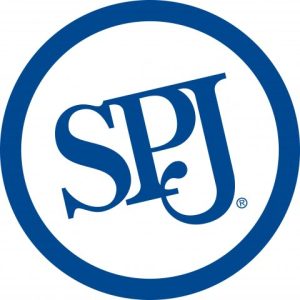 Logo of the Society of Professional Journalists featuring the letters S, P, and J in blue inside a circular border.