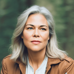 A woman with gray hair and a neutral expression is wearing a brown jacket in an outdoor setting.