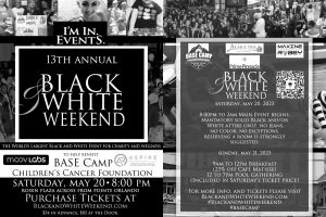 Black & White Weekend event poster with schedule, ticket prices, and venue details. Featuring charity and wellness activities, dress code, and contact information.