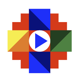 Geometric design with a central play button, surrounded by colorful rectangles in blue, red, yellow, orange, and green, forming a pixelated square pattern.