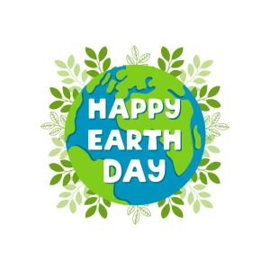 Illustration of Earth with the text "Happy Earth Day" surrounded by green leaves on a white background.