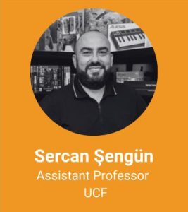 A man with a beard, labeled as Sercan Şengün, Assistant Professor at UCF, is smiling in a circular image against an orange background. Books and keyboards are visible in the background.