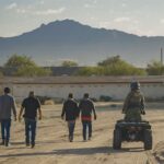 Five individuals walking on a dirt path towards a mountain, accompanied by a person on an ATV.