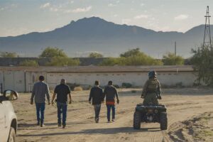 Five individuals walking on a dirt path towards a mountain, accompanied by a person on an ATV.