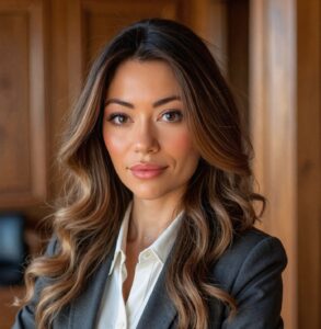 A woman with long wavy hair, wearing a gray blazer and white shirt, stands indoors with her arms crossed, facing the camera. Wood-paneled walls are in the background.